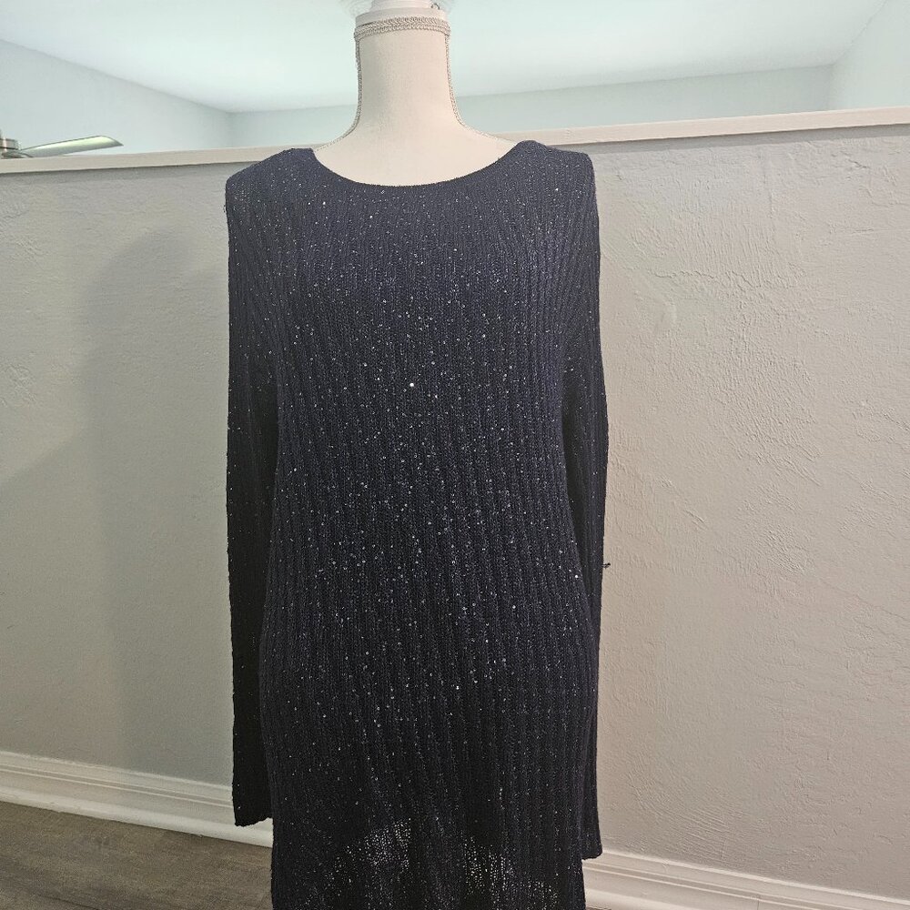 NWT APT 9 SEQUINRD LINED FITTED LONG SLEEVE SWEATER DRESS. NAVY BLUE SIZE XL